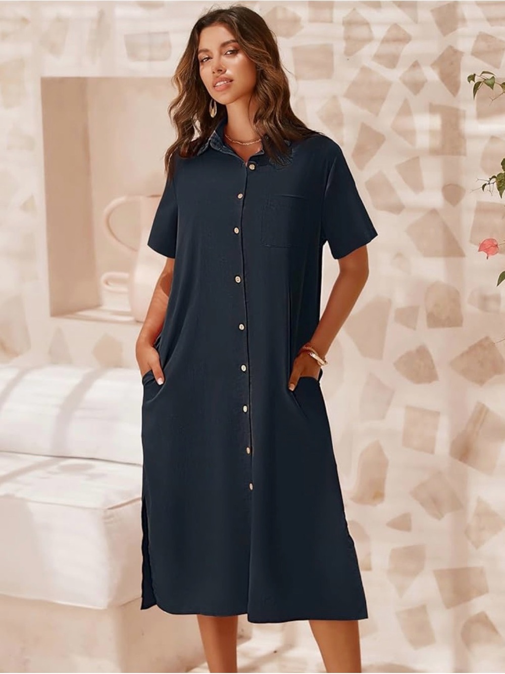 Zeagoo Women's Button Down Navy Blue Short Sleeve Midi Shirt Dress